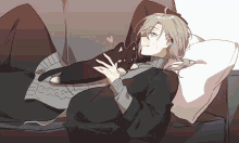 a drawing of a girl laying on a couch with a black cat