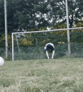 a soccer goalie stands in front of a goal with his head in the net