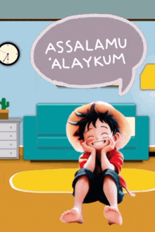 a cartoon character is sitting on the floor with a speech bubble that says assalamu alaykum
