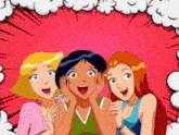 a group of three cartoon girls are standing next to each other and smiling .