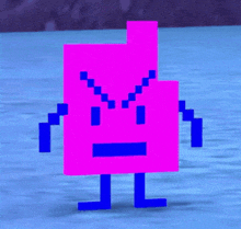 a pink and blue pixel character with arms and legs is standing in the water