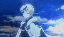 a boy with white hair and a blue sky in the background