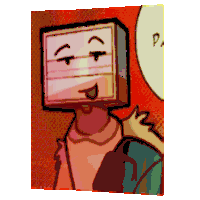 a cartoon character with a box head and a speech bubble that says p.