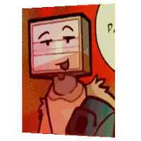 a cartoon character with a box head and a speech bubble that says p.