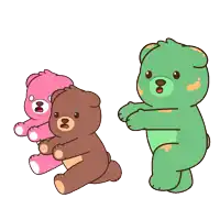 three teddy bears are standing next to each other with their arms outstretched in a cartoon