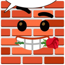 a brick wall with a speech bubble and a rose in its mouth
