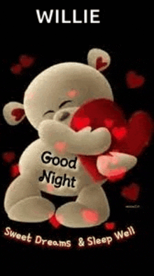a teddy bear is hugging a heart and saying `` good night , sweet dreams & sleep well '' .