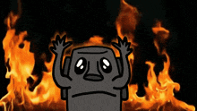 a cartoon character is standing in front of a fire