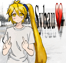 a drawing of a girl with yellow hair and the word sybau