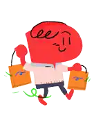 a cartoon drawing of a person with a red head carrying two orange bags