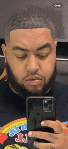 a man with a beard is taking a picture of himself with his phone .
