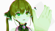a green anime girl is taking a picture of herself with her phone .