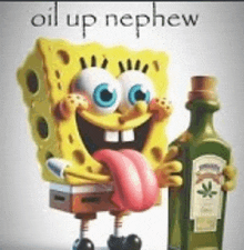 spongebob is sticking his tongue out while holding a bottle of olive oil .