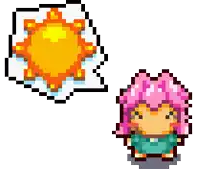a pixel art drawing of a girl with pink hair and a speech bubble with a sun coming out of it .