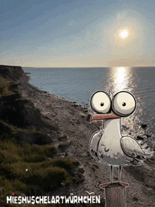 a cartoon of a seagull standing on a wooden post with the words miesmuschelartwurmchen on the bottom