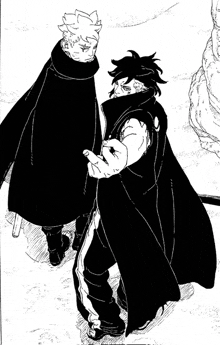 a black and white drawing of two men standing next to each other . one of the men is wearing a cape .