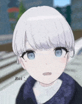 a drawing of a girl with white hair and blue eyes with the word rai below her