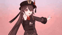 a girl with long hair is wearing a hat and a black jacket