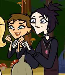 a couple of cartoon characters standing next to each other with one wearing a necklace