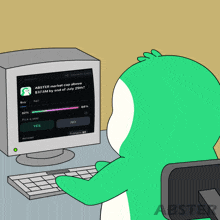 a cartoon character is looking at a computer screen that says abster market cap above $ 375m by end of july 2021