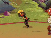 a cartoon character wearing a yellow hat and a black shirt with a lightning bolt on it