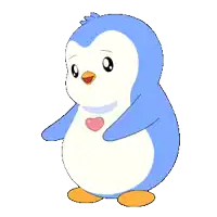a penguin holding a pink heart in its beak