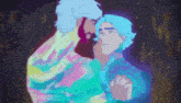 a cartoon of two men standing next to each other in a dark room .
