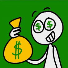 a cartoon character is holding a yellow bag of money with a dollar sign on it