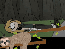 a cartoon of a person laying on the grass with a sloth hanging from a tree branch