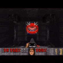 a video game screen shows a monster with horns and a score of 16 102 %