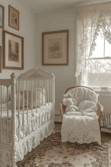 a baby room with a crib and a chair with a teddy bear on it