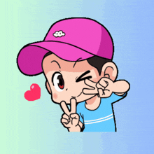 a cartoon of a boy wearing a pink hat giving the peace sign