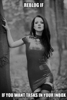 a woman in a latex dress leaning against a tree with a caption that says reblog if if you want tasks in your inbox