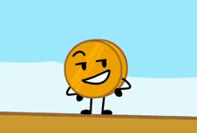 a cartoon coin with arms and legs is smiling and standing on a wooden surface .