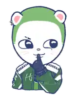 a drawing of a frog wearing a green jacket with the letters ht on it