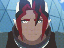 a close up of a cartoon character with red and black hair