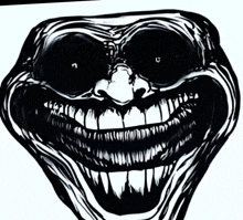 a black and white drawing of a creepy face with big teeth
