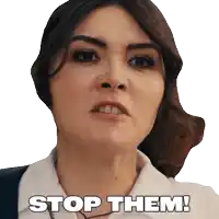a woman in a white shirt has the words stop them on her face