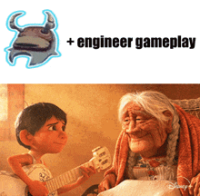 a picture of a boy playing a guitar next to an older woman with the words " engineer gameplay " above them