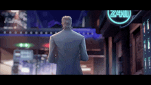 a man stands in front of a neon sign that says 24 hour