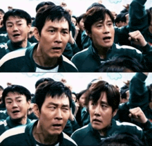 a group of men are standing in a crowd and one of them is making a funny face