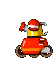 a pixel art illustration of a cartoon character riding a red vehicle .