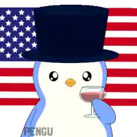 a penguin wearing a top hat is holding a glass of wine in front of an american flag