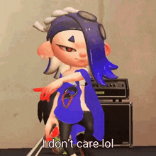 a cartoon character says i don 't care lol in front of an amplifier