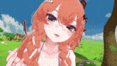 a girl with red hair is standing in a grassy field