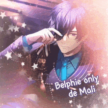 a purple haired anime character with the name belphie on the bottom