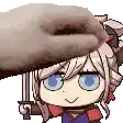 a cartoon girl is holding a sword and a hand is holding a sword over her head .