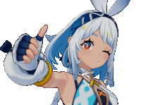 a girl with bunny ears is giving a thumbs up sign