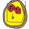 a pixel art drawing of a smiley face with two red eyes