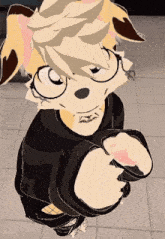 a cartoon character is wearing glasses and a black jacket